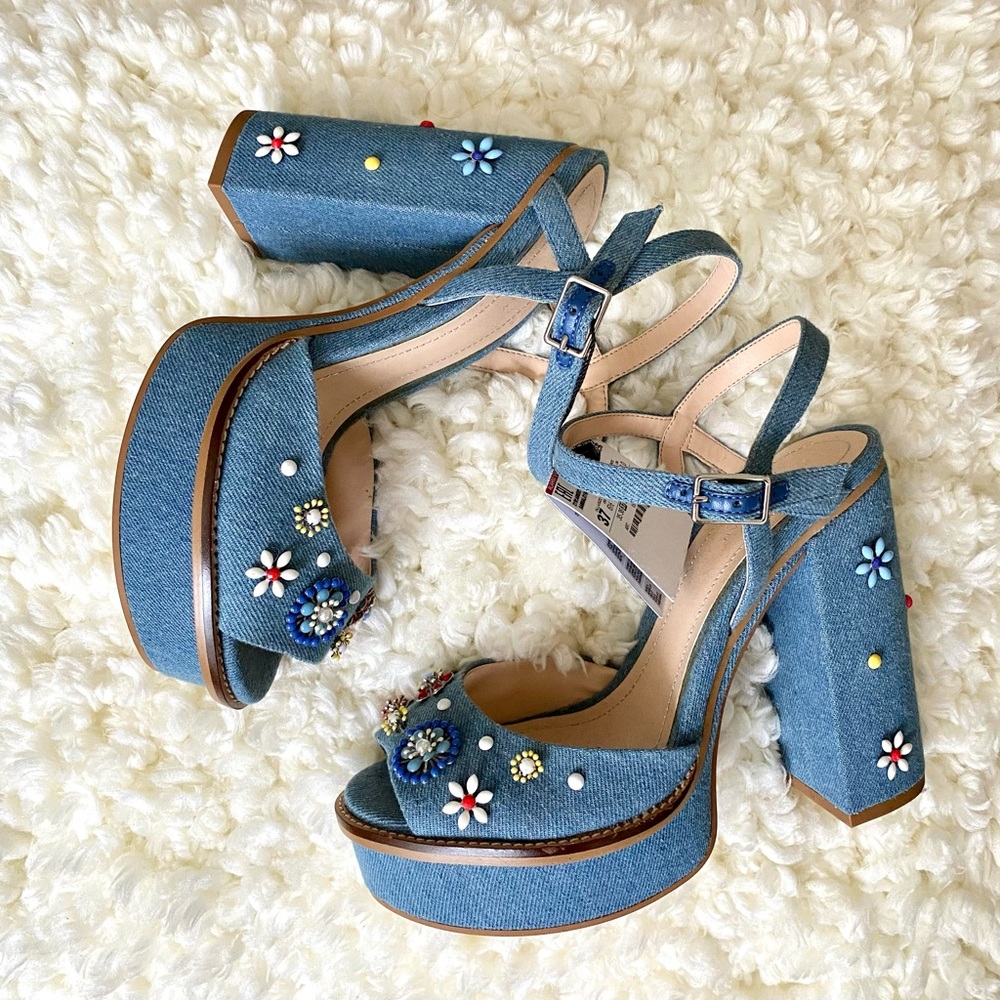 Zara Denim floral embellished platform sandals 7